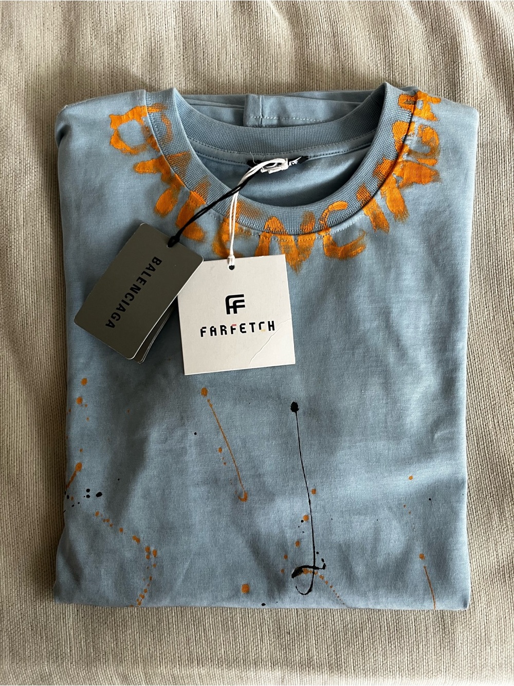 Balenciaga Light Blue Short Sleeve Tee with Orange Painted Logo